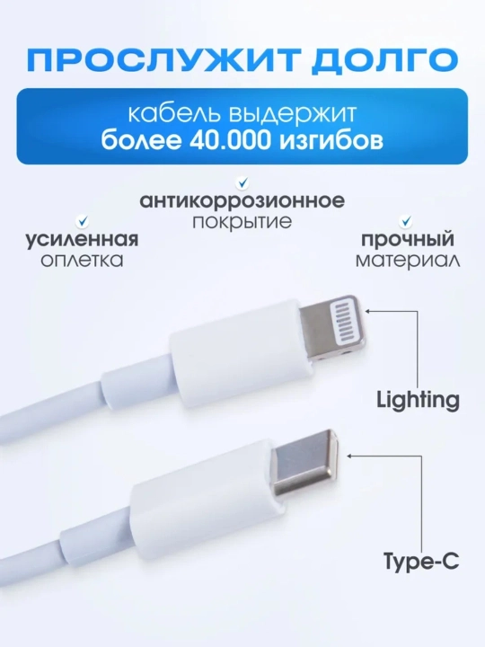 Зарядное устройство для iPhone 20W, быстрая зарядка, Type-C, кабели Lightning и Type-C