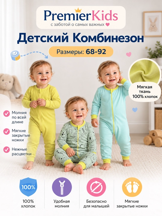 Bolalar kombinezoni, 100% paxta, 3 dona - 