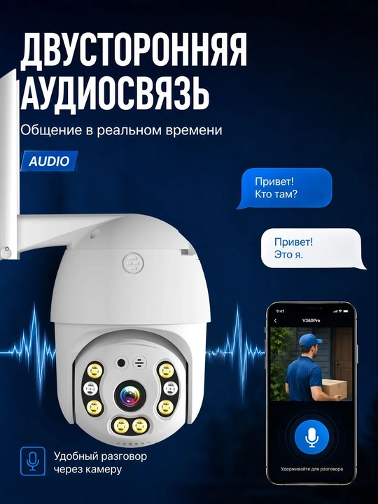 Уличная Wi-Fi камера видеонаблюдения PTZ с поворотом 355° датчиком движения IP66