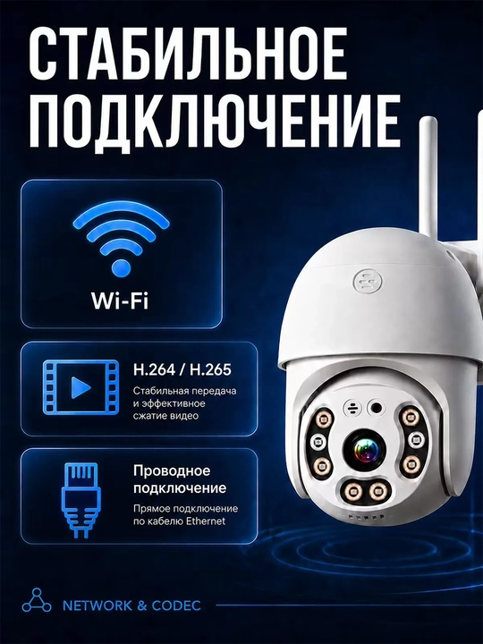 Уличная Wi-Fi камера видеонаблюдения PTZ с поворотом 355° датчиком движения IP66