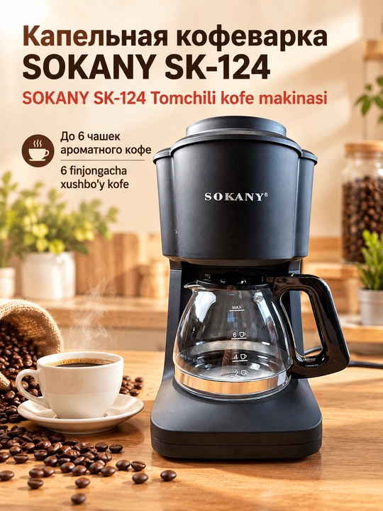 Кофеварка капельная SOKANY SK-124, на 6 чашек, стеклянный кофейник, для дома и офиса - 