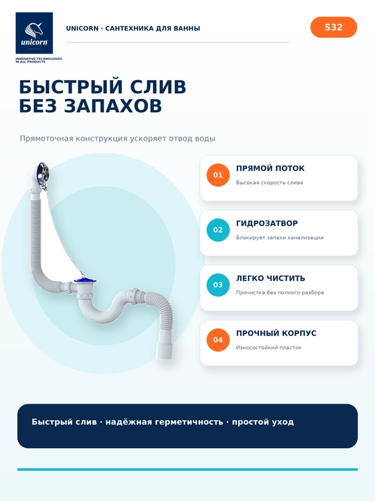 Сифон для ванны с переливом и гидрозатвором, гофра 40/50 мм, быстрый слив 1½ — Unicorn S32