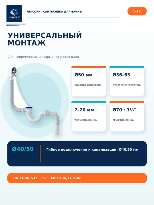 Сифон для ванны с переливом и гидрозатвором, гофра 40/50 мм, быстрый слив 1½ — Unicorn S32