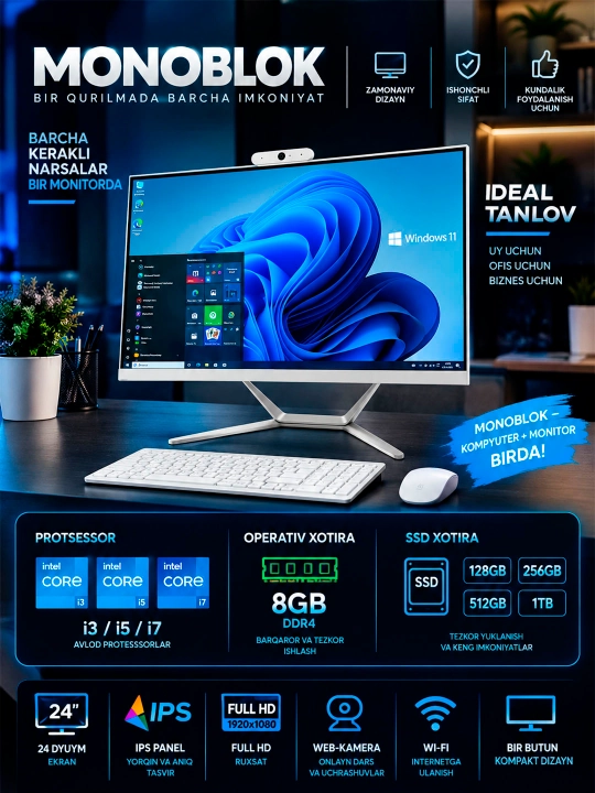 Monoblok 24 dyum, Full HD, i3,i5,i7 8 GB RAM, SSD 1TB Windows 10, klaviatura + sichqoncha