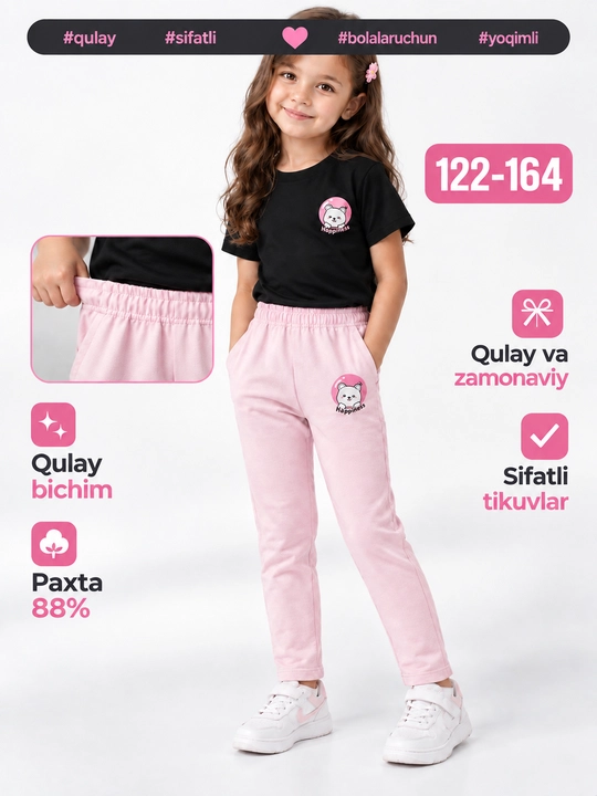 Qizlar uchun legginslar, trikotaj paxta matodan, cho‘ziluvchan legginslar - 