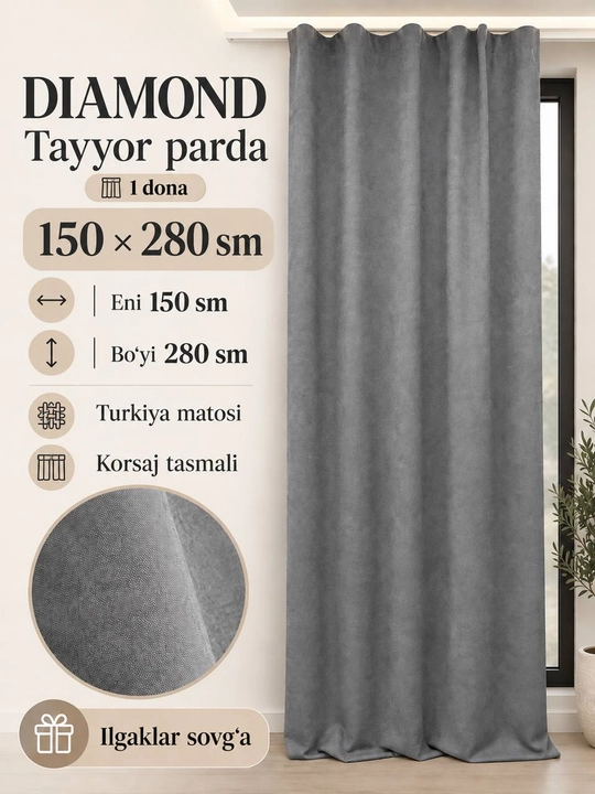 Kulrang klassik parda va – zamonaviy dizayn, 140 x280 , parda ilgagi sovg'a - 
