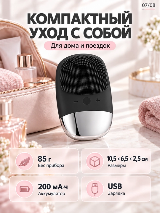 Щётка для очищения лица силиконовая, звуковая вибрация, 4 режима, IPX7, USB-зарядка