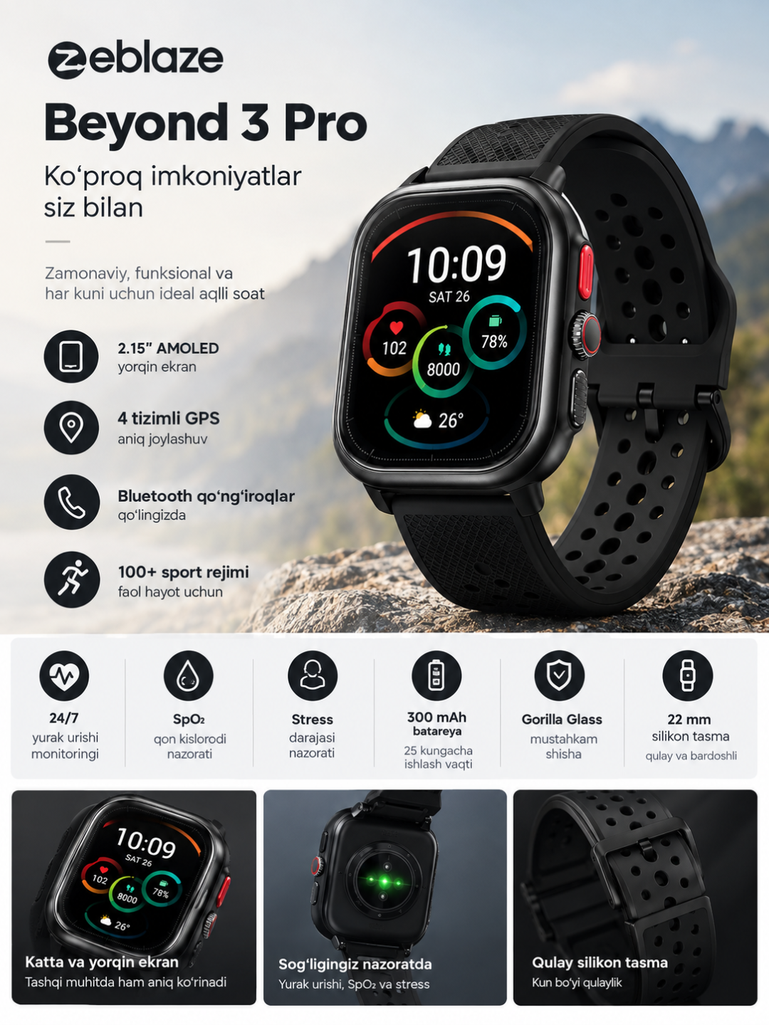 Zeblaze Beyond 3 Pro aqlli soati - Bluetooth qo‘ng‘iroqlari, yurak urishi va uyqu monitoringi, fitnes treker