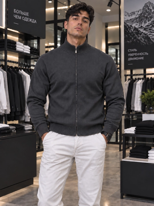 Мужской трикотажный кардиган на молнии, с воротником-стойкой - 
