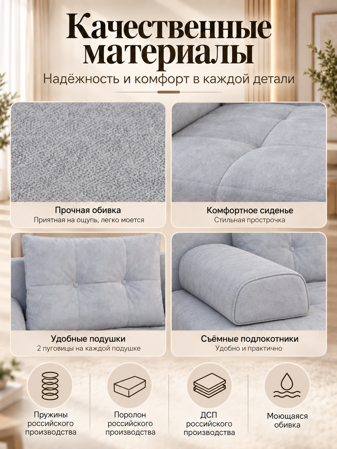 Диван-кровать раскладной, спальное место 140×200 см, со съёмными подлокотниками, 2 подушки