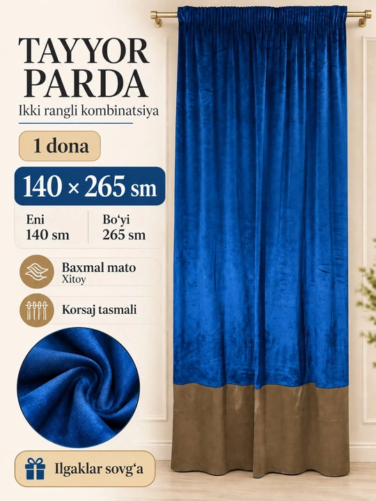 Ko'k rangli zamonaviy barxat parda 140x265 sm - 