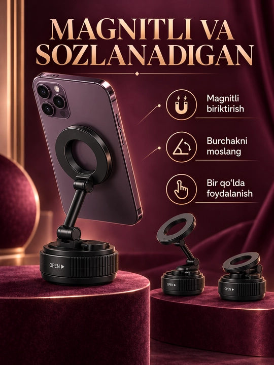 Smartfon uchun magnitli buklanadigan telefon tutqichi, stol va avtomobil uchun