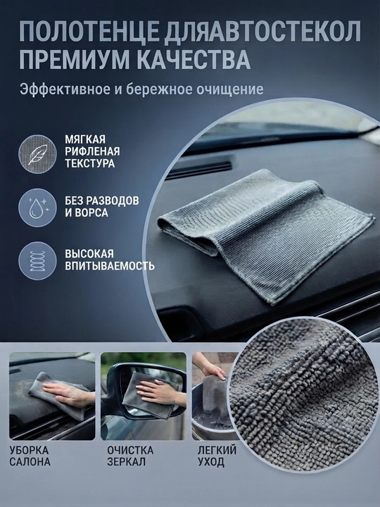 Полотенце для автостекол и зеркал премиум-качества, из микрофибры без разводов и ворса - 