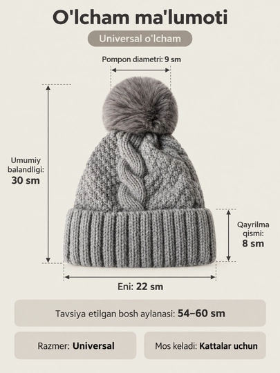 Ayollar uchun qishki trikotaj shapka, issiq, yumshoq, universal o‘lcham