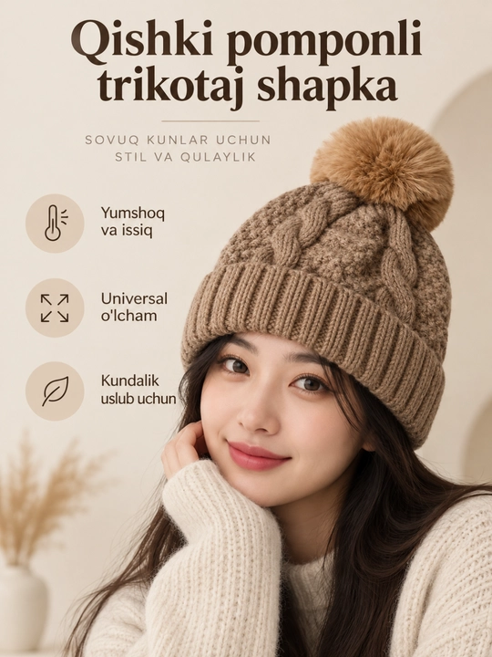Ayollar uchun qishki trikotaj shapka, issiq, yumshoq, universal o‘lcham - 