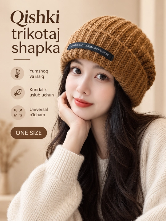 Ayollar uchun qishki trikotaj shapka, issiq, yumshoq, universal o‘lcham - 