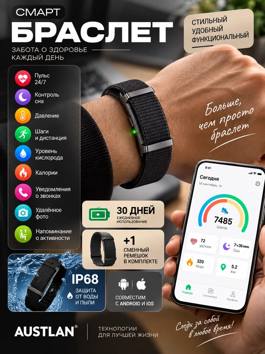 AUSTLAN W1 — умный браслет для мониторинга здоровья и активности - 