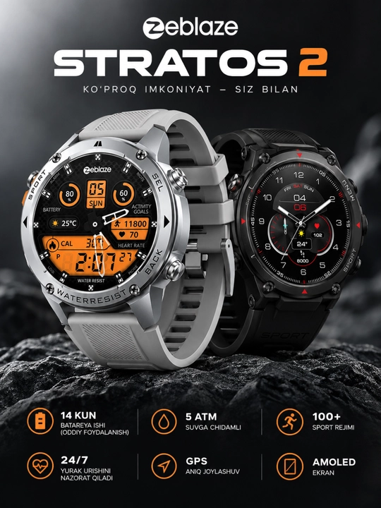 Умные часы Zeblaze Stratos 2 — AMOLED-экран, GPS, защита 5 ATM, мониторинг пульса и SpO₂ - 