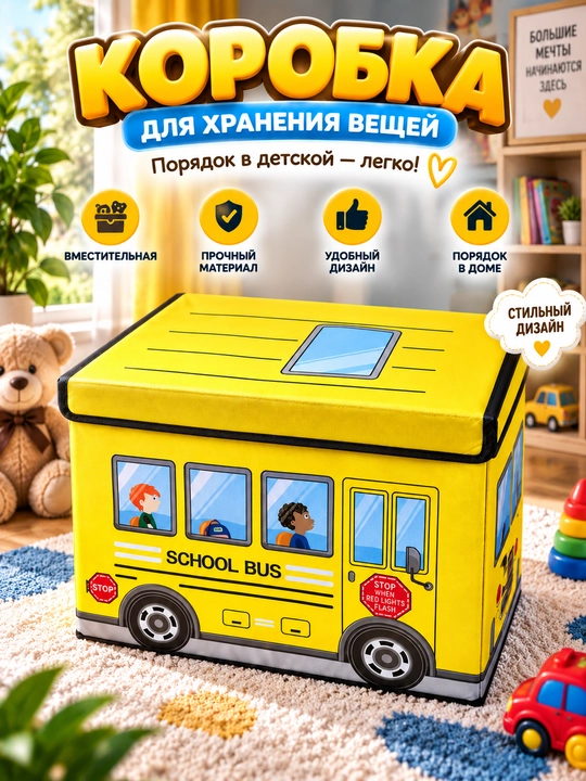 Bolalar uchun o‘yinchoq saqlash qutisi — School Bus - 