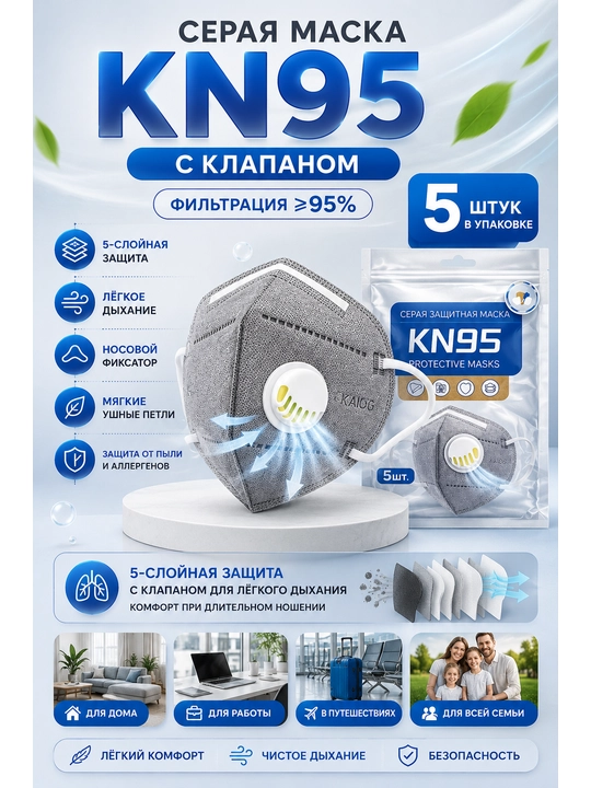 Маска KN95 с клапаном защитная — респиратор фильтрующий 95% от пыли и аллергенов - 