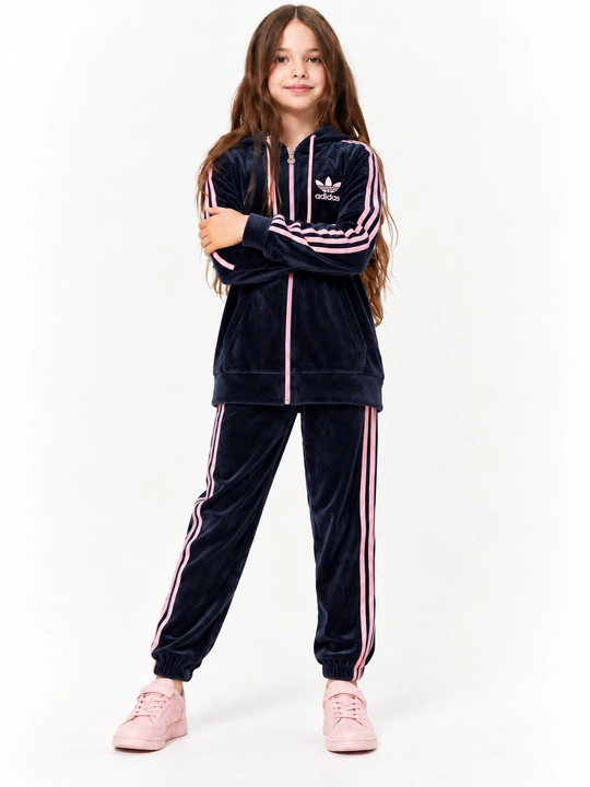 Qizlar uchun velur sport kostyumi, zamokli kapyushonli to‘plam, 7-12 yosh