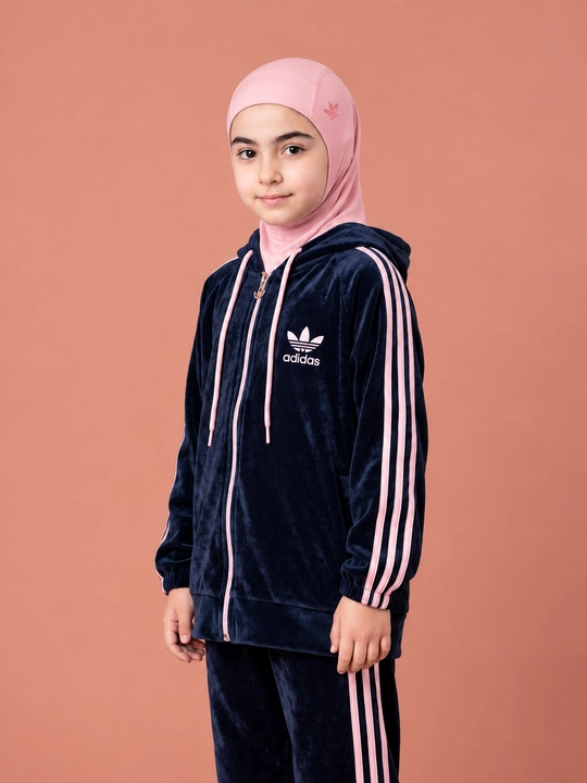 Qizlar uchun velur sport kostyumi, zamokli kapyushonli to‘plam, 7-12 yosh