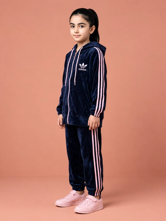 Qizlar uchun velur sport kostyumi, zamokli kapyushonli to‘plam, 7-12 yosh