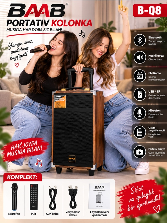 BAMB B-Q8 Portativ Bluetooth Kolonka, Mikrofon va Pult bilan - 
