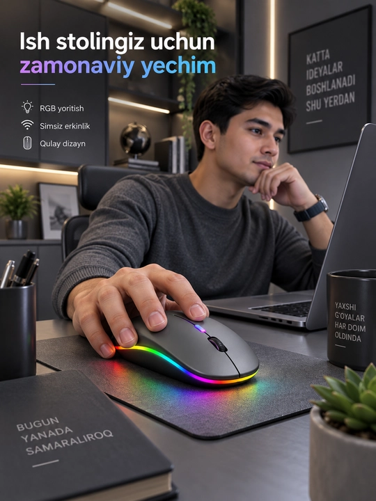 Simsiz RGB sichqoncha, USB adapterli, 2.4G, kulrang va kumushrang