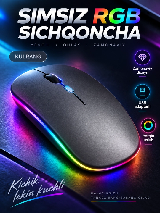 Simsiz RGB sichqoncha, USB adapterli, 2.4G, kulrang va kumushrang - 