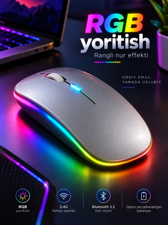 Simsiz RGB sichqoncha, USB adapterli, 2.4G, kulrang va kumushrang - 