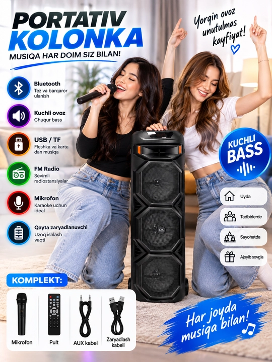 Portativ Bluetooth Kolonka, USB/TF, FM Radio, Mikrofon va Pult bilan - 