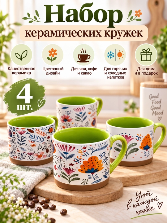 Набор керамических кружек с цветочным рисунком для чая и кофе, 4 шт - 