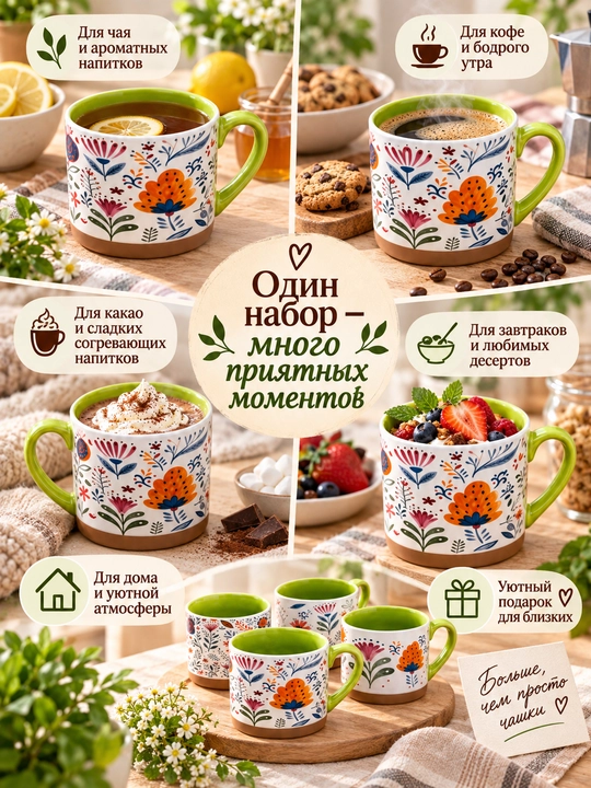 Набор керамических кружек с цветочным рисунком для чая и кофе, 4 шт