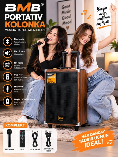 RGB LED yoritgichli, USB/TF, FM radio va karaoke funksiyasiga ega ko‘chma Bluetooth karnay - 