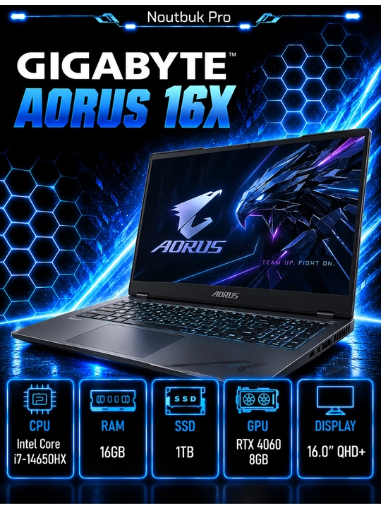 Ноутбук GIGABYTE AORUS 16X i7-14650HX RAM 16GB DDR5 8x2 SSD 1 TB RTX 4060 8 GB 16.0 QHD+ - 