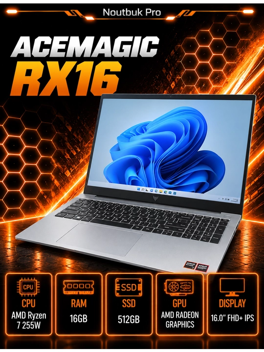 Ноутбук ACEMAGIC RX16 AMD Ryzen 7 255W RAM 16GB SSD 512GB 16.0" FHD+ IPS - 