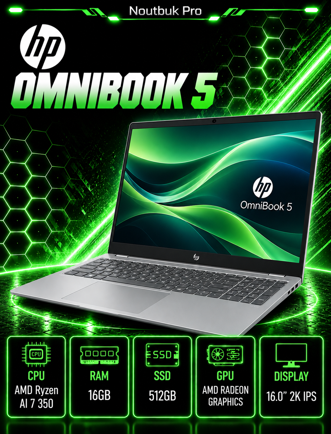 Ноутбук HP OmniBook 5 AMD Ryzen™ AI 7 350 RAM 16GB SSD 512GB 16.0″ 2K IPS - 