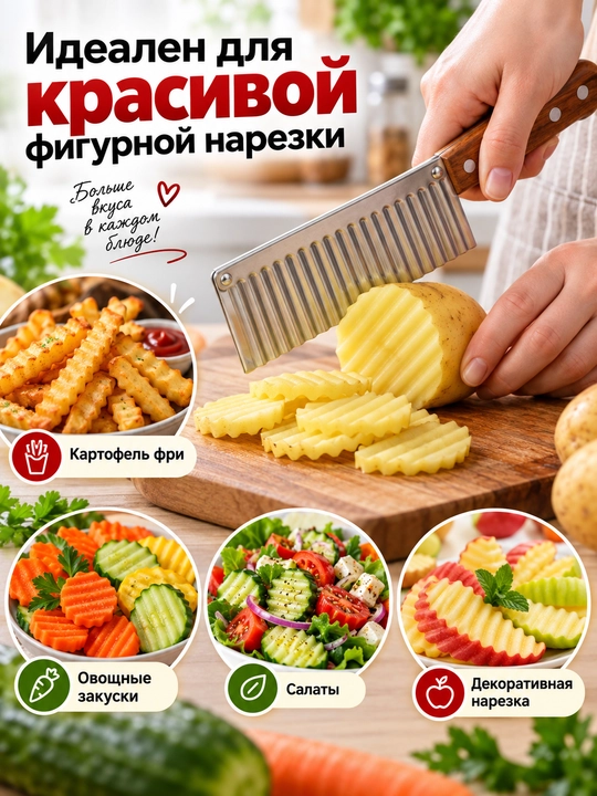 Фигурный волнистый нож для овощей и картофеля фри, нержавеющая сталь - 