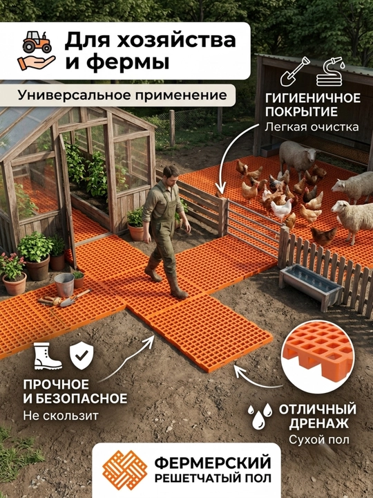 Фермерский решетчатый пластиковый пол 60х50 см - Модульное дренажное напольное покрытие