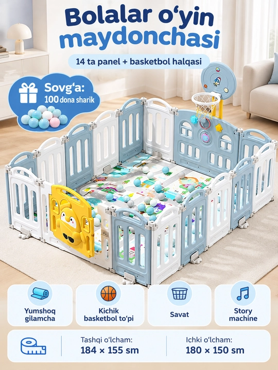 Bolalar o‘yin maydonchasi, 14 panel, basketbol halqasi, 184×155 sm - 