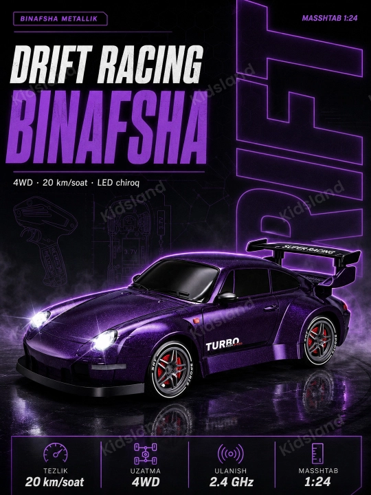 Drift mashina 4WD 1:24, LED chiroq, 20 km/soat, akkumulyator,  8+ kod. 30225 - 