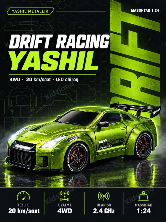 Drift mashina 4WD 1:24, LED chiroq, 20 km/soat, akkumulyator,  8+ kod. 30225 - 
