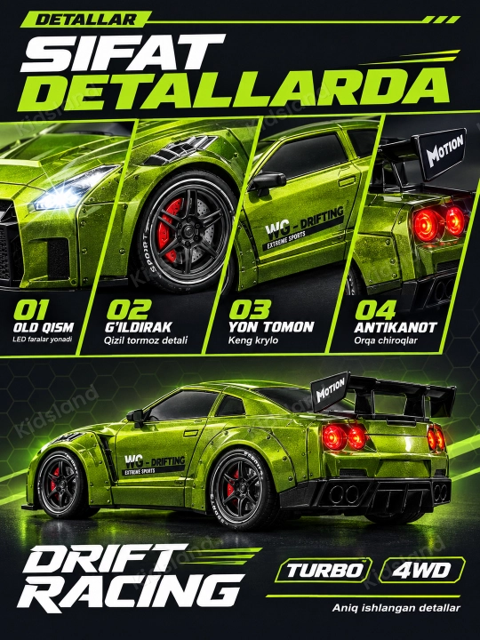Drift mashina 4WD 1:24, LED chiroq, 20 km/soat, akkumulyator,  8+ kod. 30225