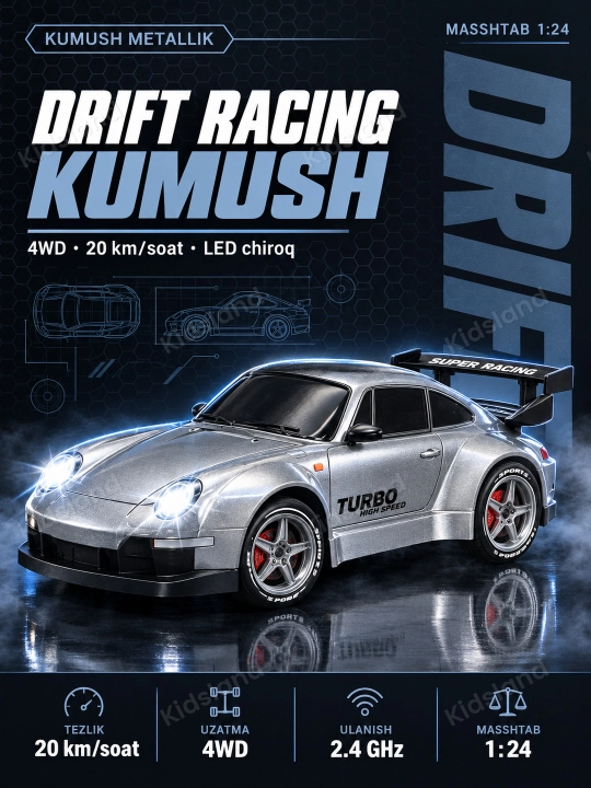 Drift mashina 4WD 1:24, LED chiroq, 20 km/soat, akkumulyator,  8+ kod. 30225 - 