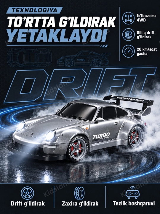 Drift mashina 4WD 1:24, LED chiroq, 20 km/soat, akkumulyator,  8+ kod. 30225