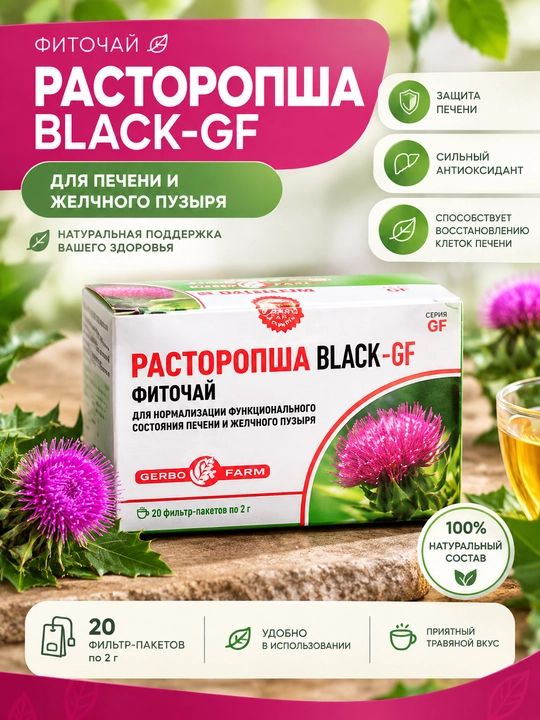 Фиточай с расторопшей Зелёный или Чёрный чай на выбор  20 фильтр-пакетов - 