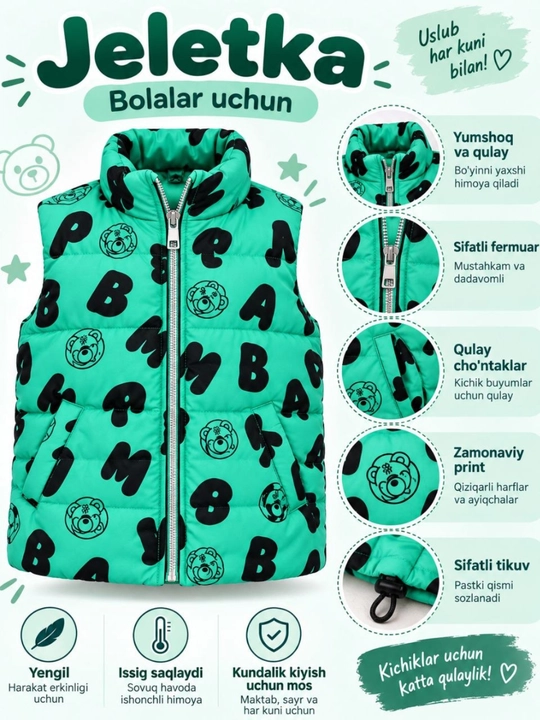 Bolalar uchun yengsiz issiq jiletka, fermuarli, cho‘ntakli