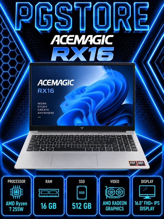 Noutbuk ACEMAGIC RX16 AMD Ryzen 7 255W RAM 16GB SSD 512GB 16.0" FHD+ IPS - 
