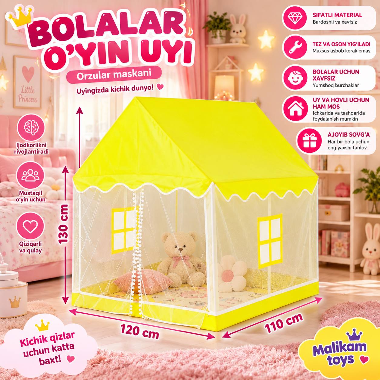 Bolalar o‘yin chodiri, uycha, derazalari bor uycha, bolalar uchun yig‘ma uy palatka domik - 